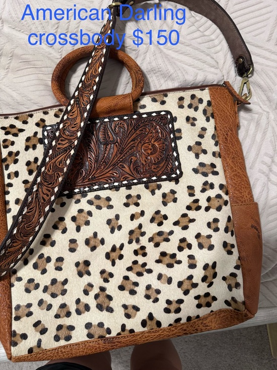 American Darling Handbags - American Darling Brown Tooled Leather & Leopard Print Crossbody Satchel - Large